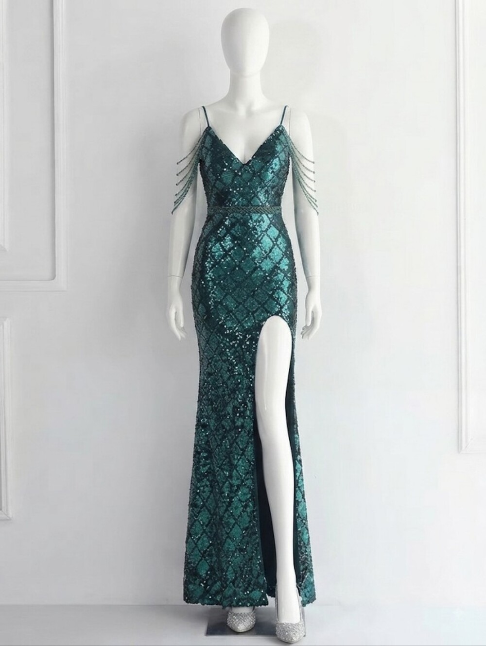 Emerald Sequin V-Neck Evening Gown with Thigh Slit - Picture 13 of 15
